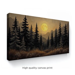 May include: A painting of a forest scene with a large, full moon in the sky. The trees are silhouetted against the yellow moon and the sky is a soft, golden color.