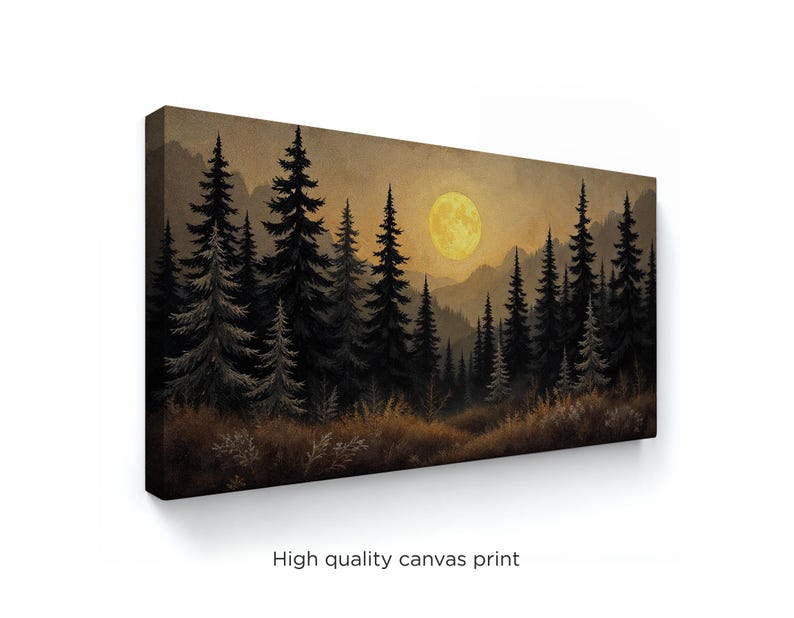 May include: A painting of a forest scene with a large, full moon in the sky. The trees are silhouetted against the yellow moon and the sky is a soft, golden color.