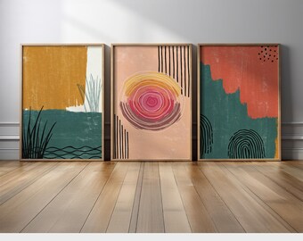 Boho Wall Art Set of 3 | Modern Abstract Triptych with Earthy Colors and Hand Drawn Shapes for Living Room and Bedroom Decor