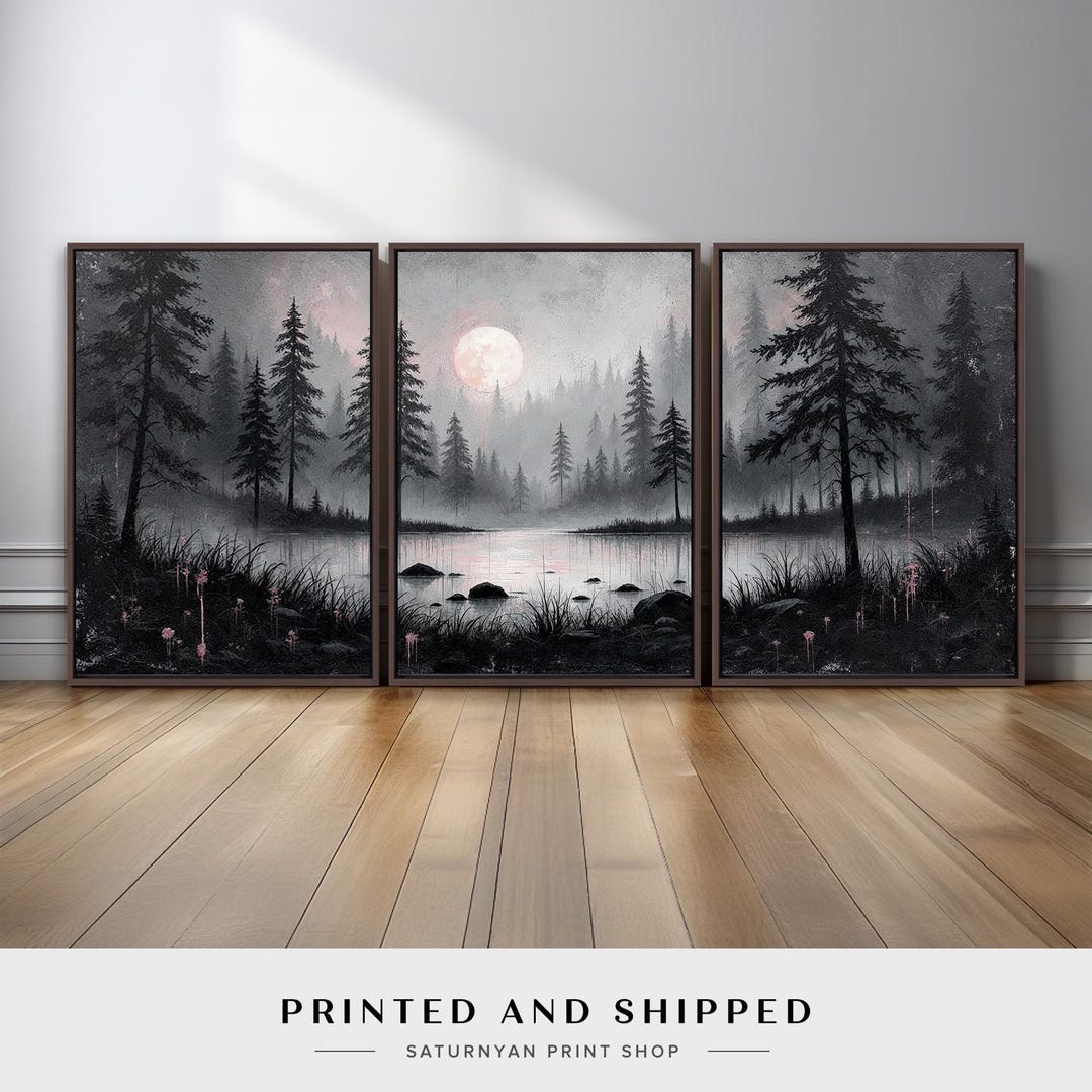 Moody Forest Lake Wall Art Set of 3 | Black White With Pale Pink Accent ...