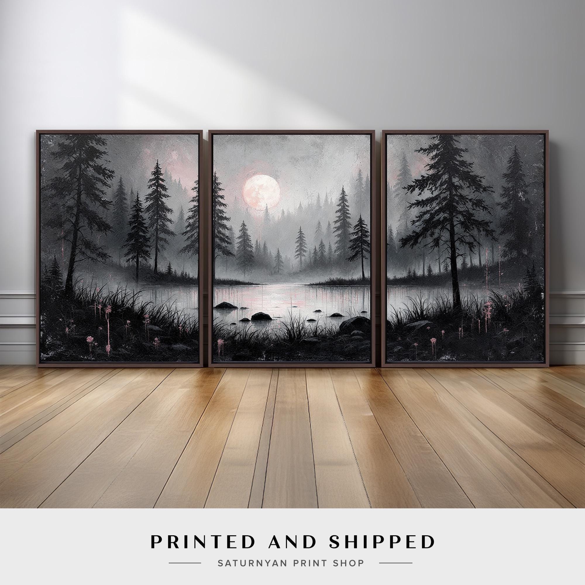 Moody Forest Lake Wall Art Set of 3 | Black White With Pale Pink Accent ...