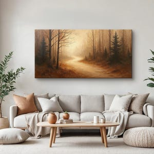 Misty Forest Pathway Wall Art - Rustic Woodland Landscape Painting in ...