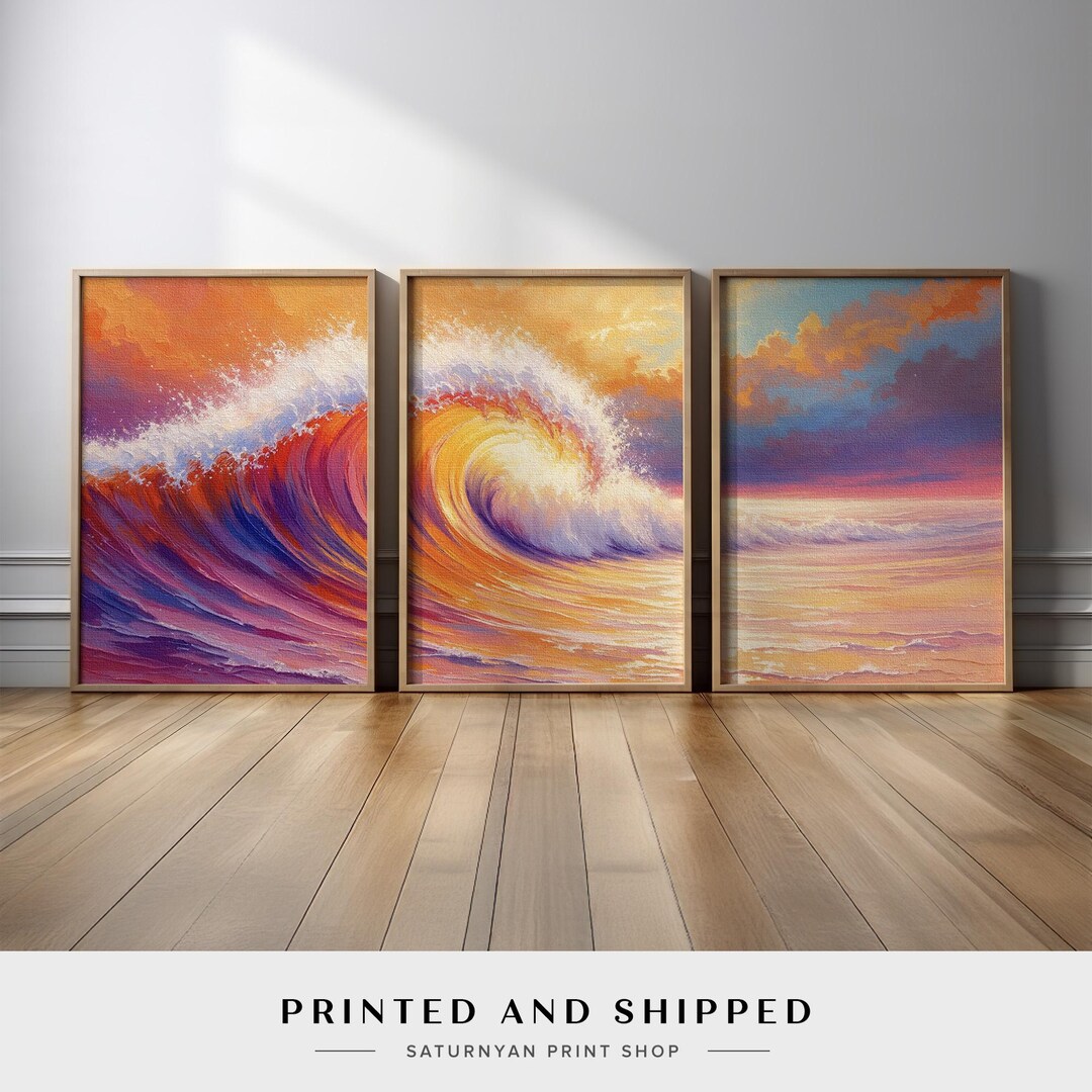 Sunset Ocean Wave Wall Art Set of 3 | Tropical Coastal Triptych Canvas ...