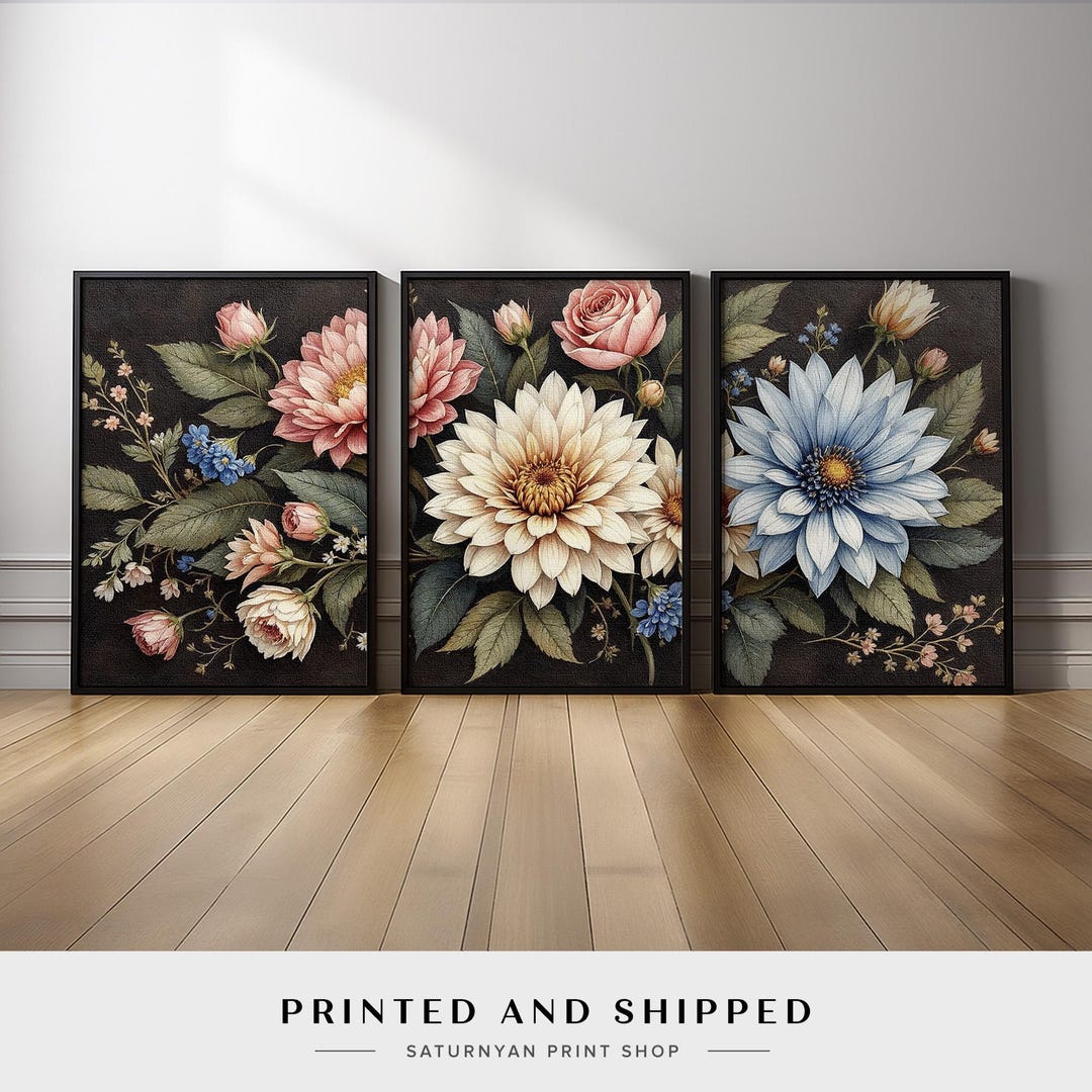 Floral Wall Art Set of 3 | Triptych Vintage Botanical Flower With Roses ...