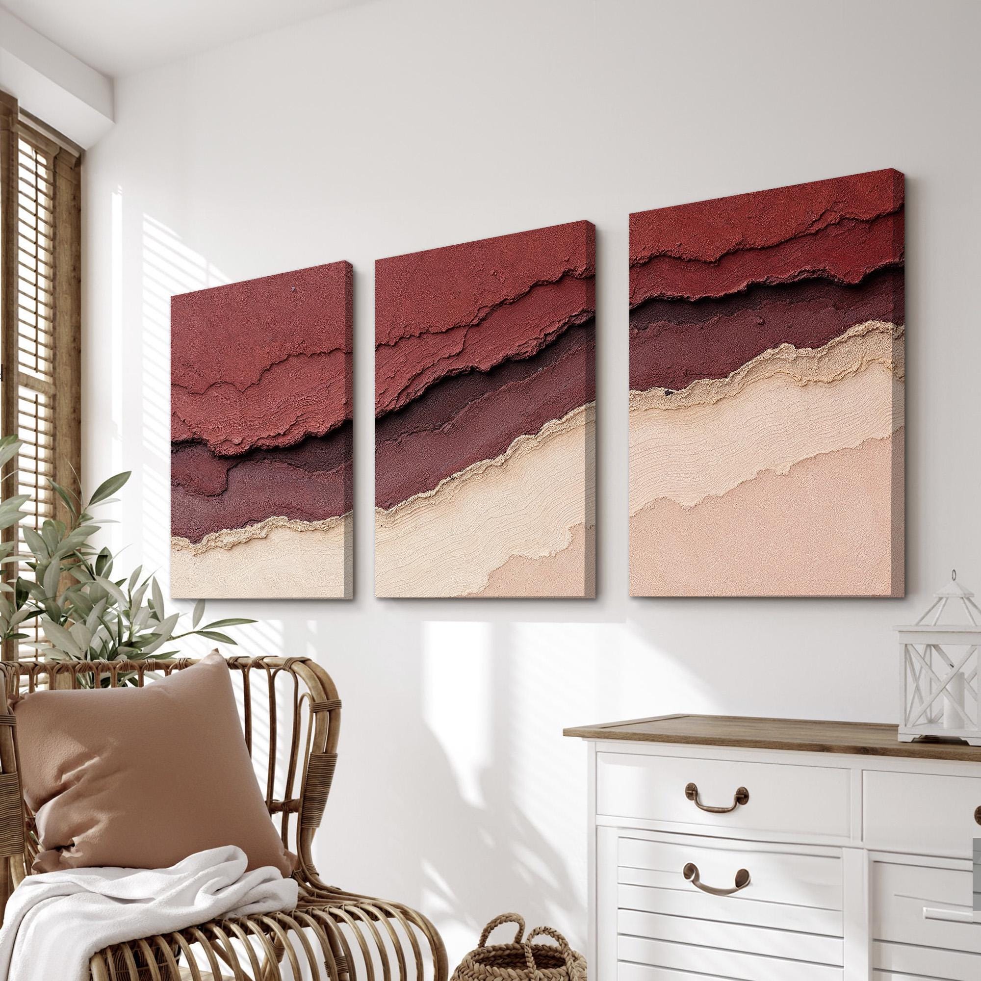 Modern Abstract Triptych Wall Art | Set of 3 in Warm Burgundy, Rich ...
