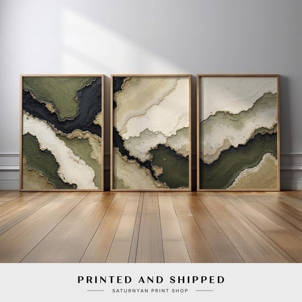 Earth Tone Abstract Wall Art Set of 3 | Olive Green, Black & Beige Canvas Prints | Organic Modern Triptych for Japandi or Rustic Decor
