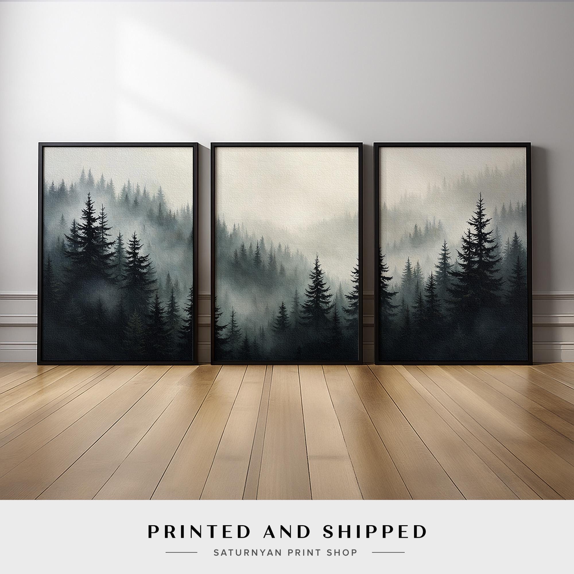 Misty Forest Landscape Triptych Wall Art Set | Black and White Pine ...