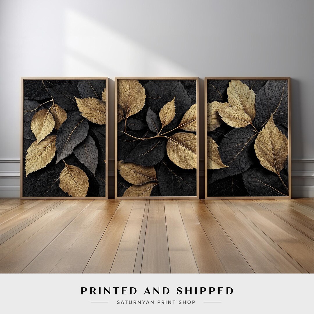 Gold Leaf Botanical Wall Art Set of 3 | Luxurious Black and Gold Canvas ...