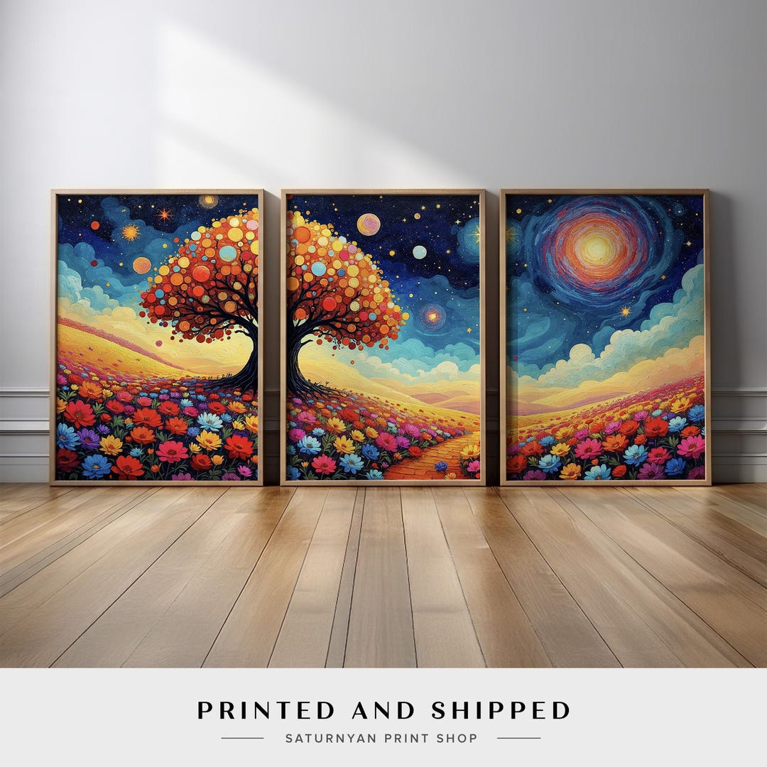 Vibrant Starry Galaxy Landscape Wall Art Set of 3 | Whimsical Tree With ...