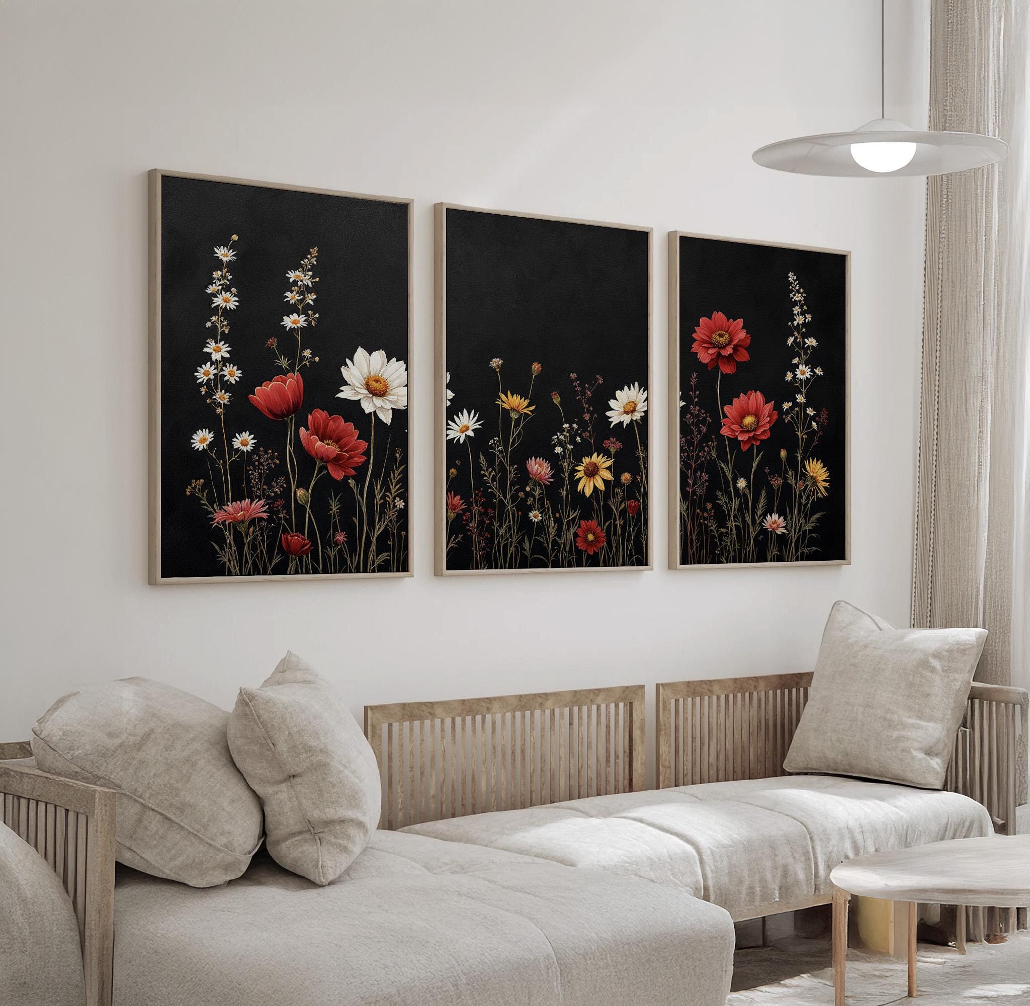 Wildflower Triptych Wall Art Set | Delicate Red, White, and Yellow ...
