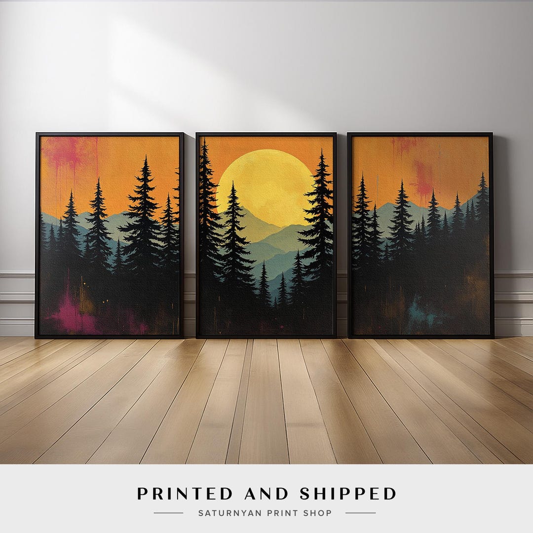 Forest Wall Art Set of 3 | Mountain Sunset Landscape Triptych With Pine ...