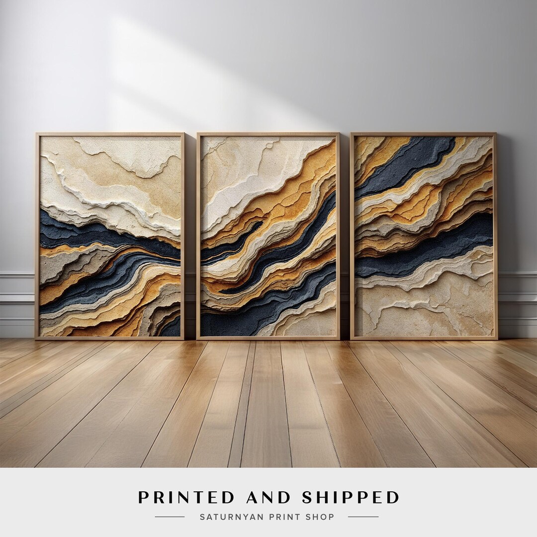 Neutral Abstract Wall Art Set of 3 | Layered Earth Tone Triptych With ...