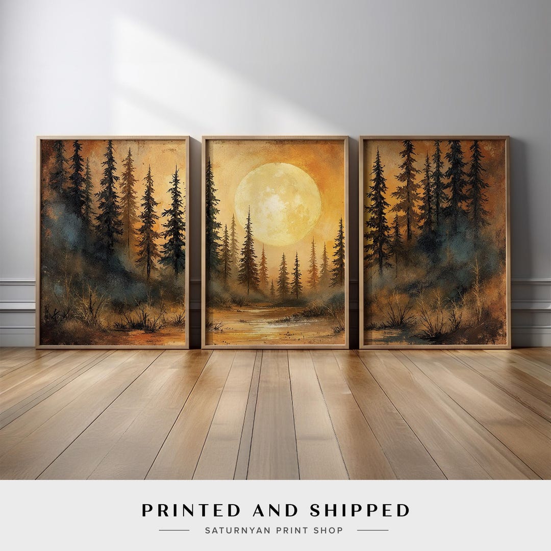 Moonlit Forest Wall Art Set of 3 | Golden Night Landscape Canvas Prints ...