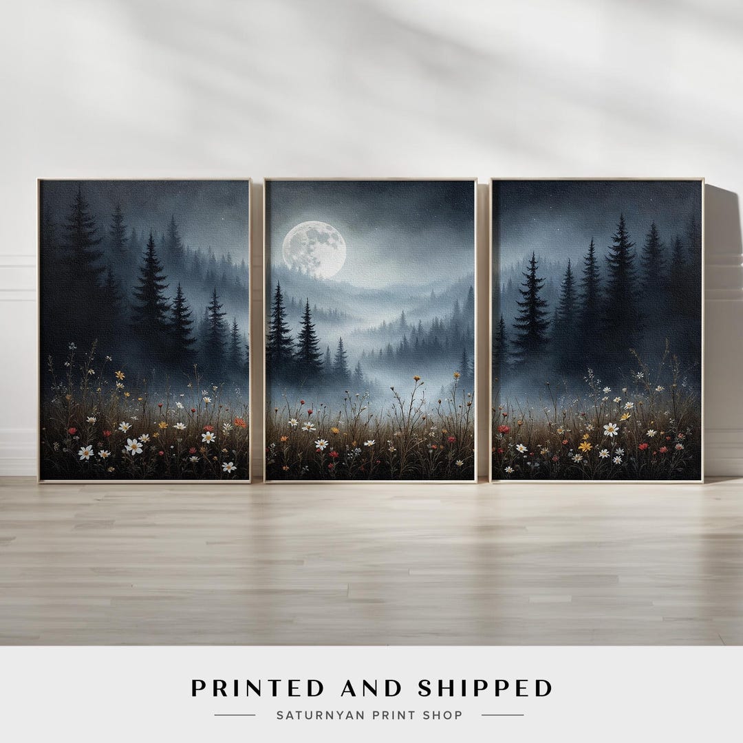 Moonlit Forest Wall Art Set of 3 | Misty Pine Tree Landscape With ...
