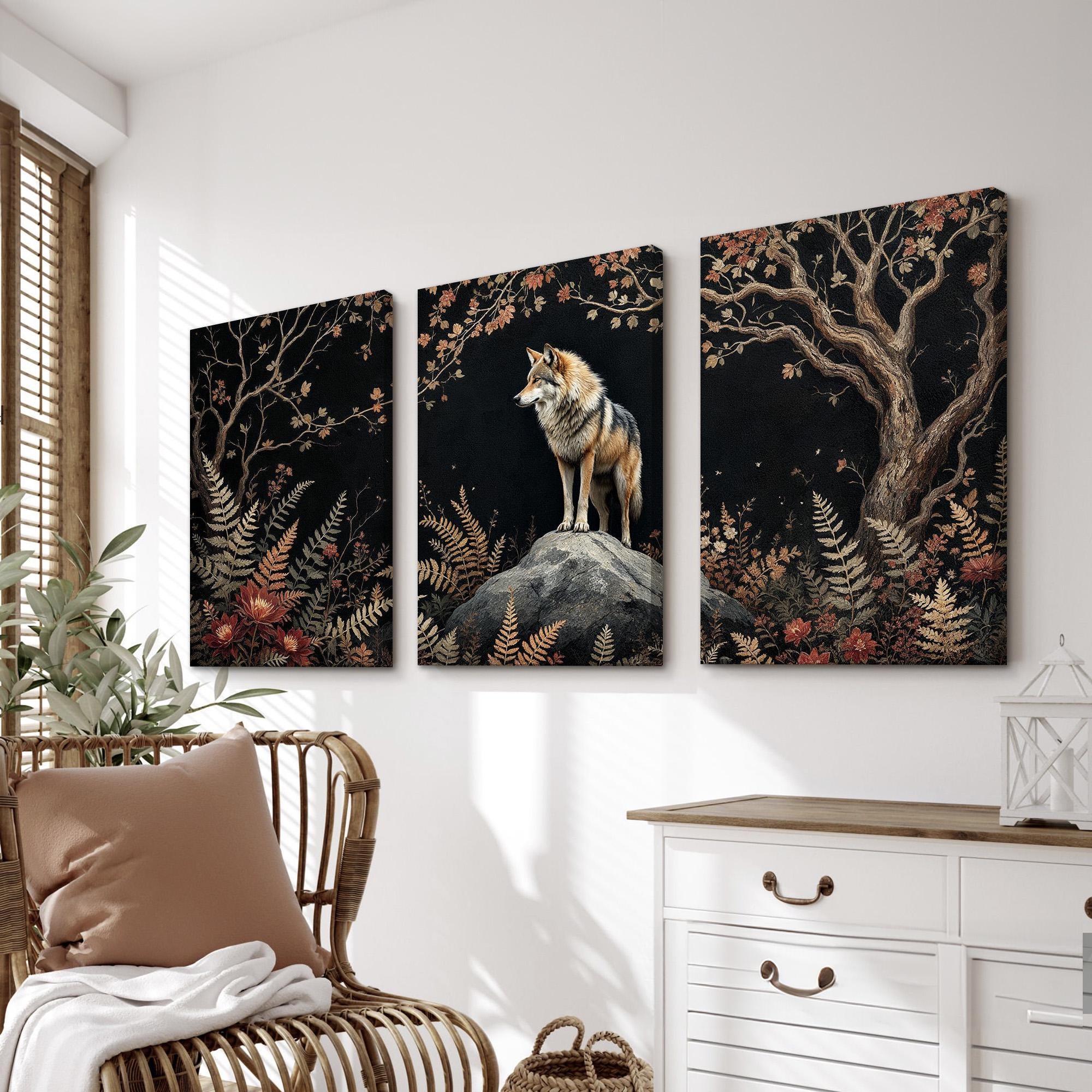 Dark Woodland Wolf Wall Art Set of 3 | Rustic Animal Canvas Print With ...