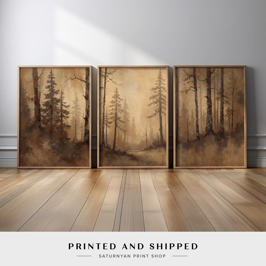 Rustic Sepia Forest Wall Art Triptych | Misty Tree Landscape Canvas ...