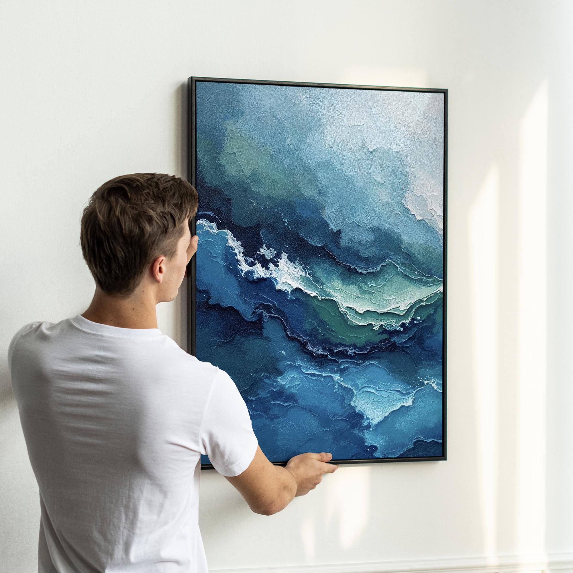Artist R Culp Ocean Wave Abstract Triptych Wall Art | Teal and Navy Blue Sea Water ...
