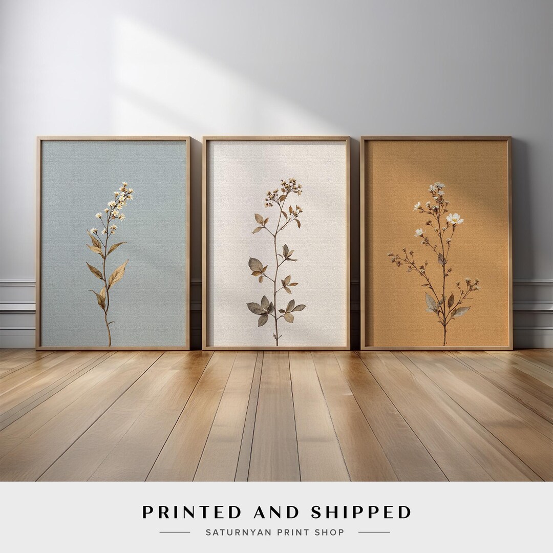 Botanical Wall Art Set of 3 | Minimalist Neutral Flower Prints, Japandi ...