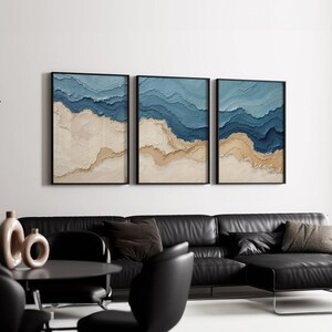 Coastal Wall Art Set of 3 | Abstract Ocean Wave and Sand Patterns in ...