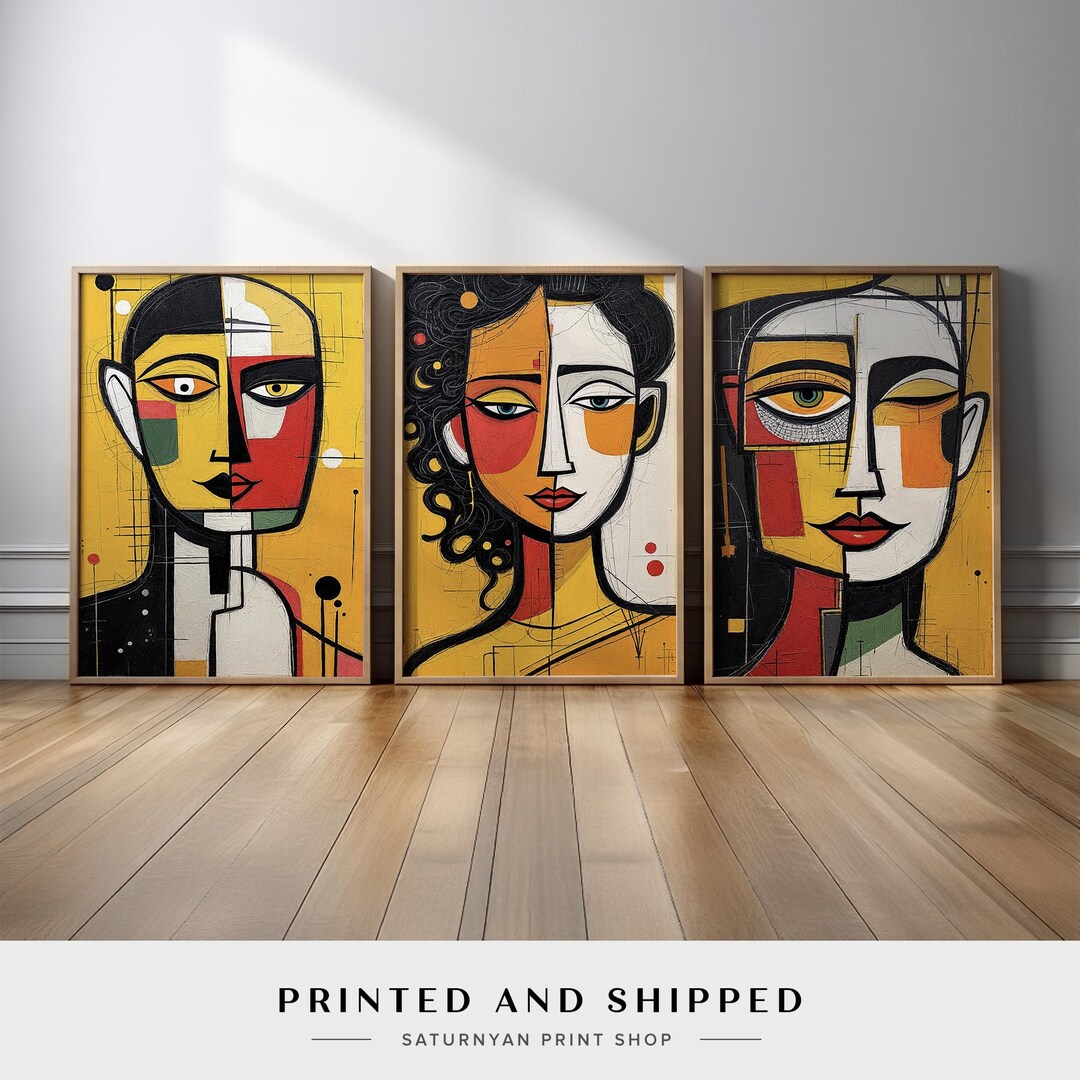 Cubist Portrait Wall Art Set | Abstract Yellow Red Black Faces | Bold ...