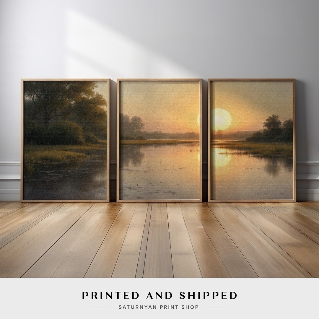 Sunset Landscape Wall Art Set of 3 | Tranquil Lake Reflection Triptych ...
