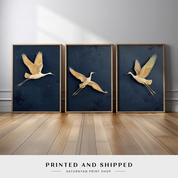 Golden Crane Wall Art | Set of 3 Elegant Flying Bird Canvas Prints | Navy Blue Background for Modern and Sophisticated Home Interior Styling