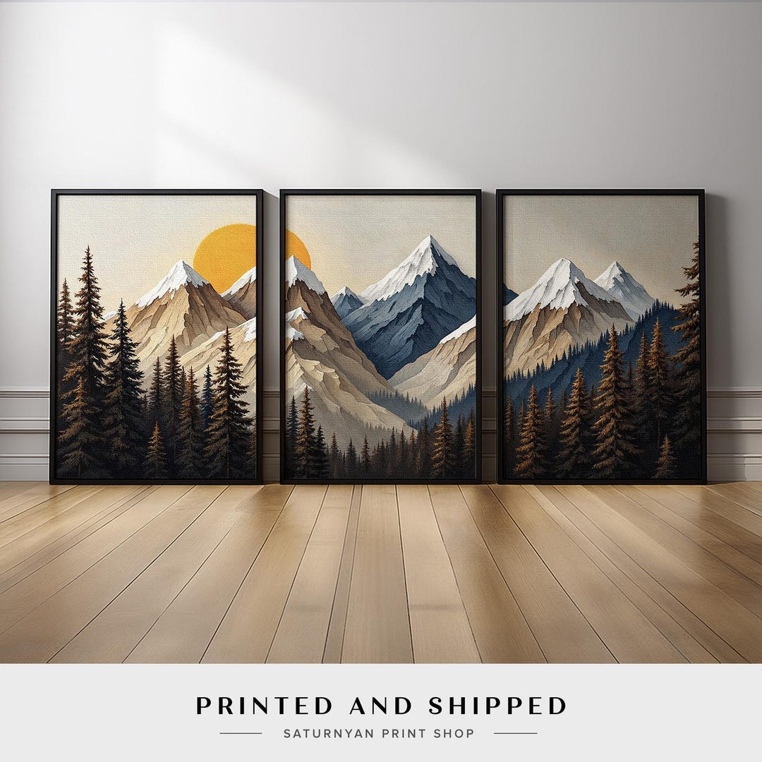 Mountain Landscape Wall Art Set of 3 | Rustic Pine Forest Triptych ...