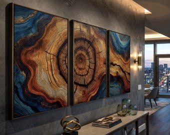 Tree Rings Abstract Painting, Rustic Wood Grain Wall Art, Triptych Canvas Print, Earthy Home Decor, Modern Brown and Blue Artwork