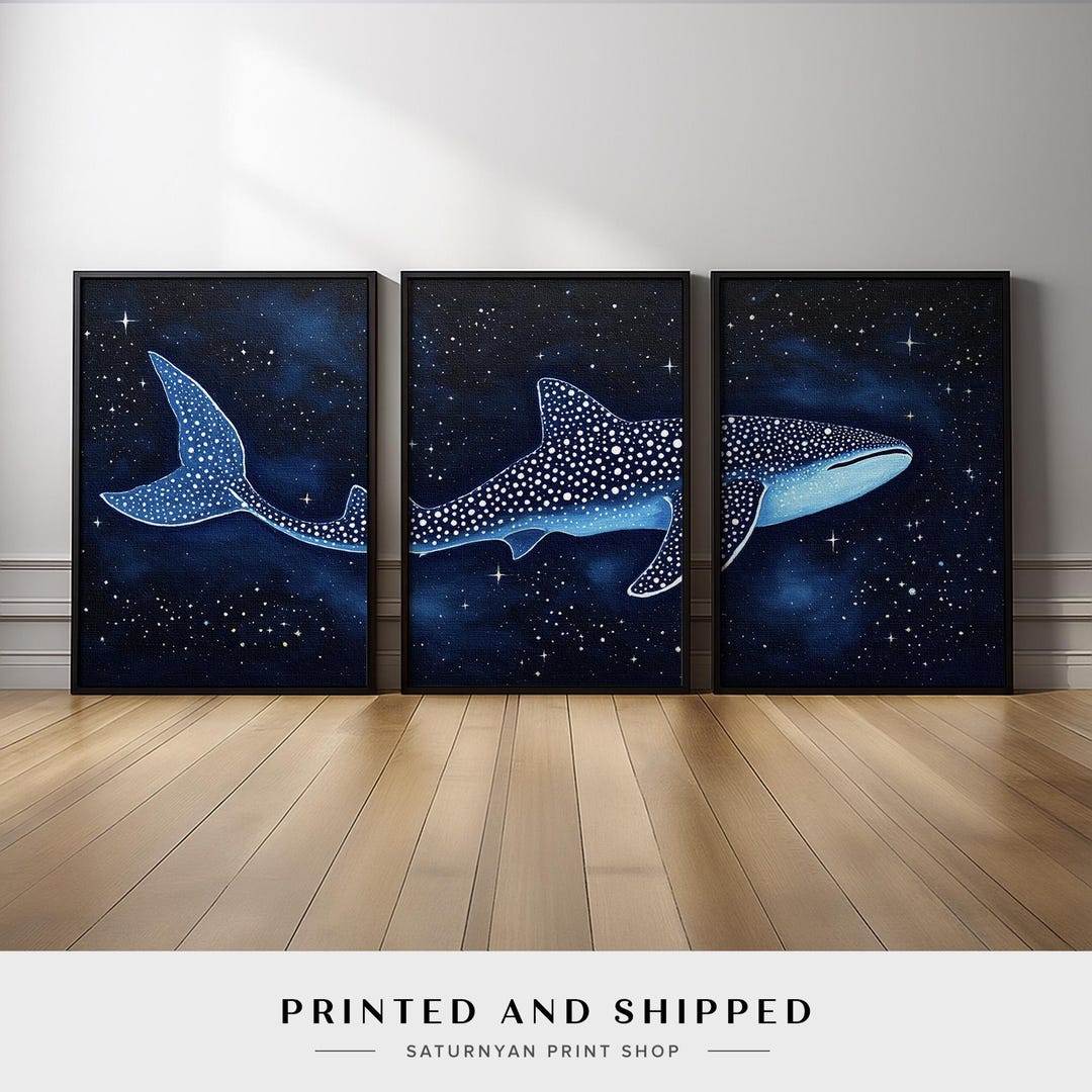 Whale Shark Wall Art Triptych | Celestial Ocean Animal Canvas Set of 3 ...