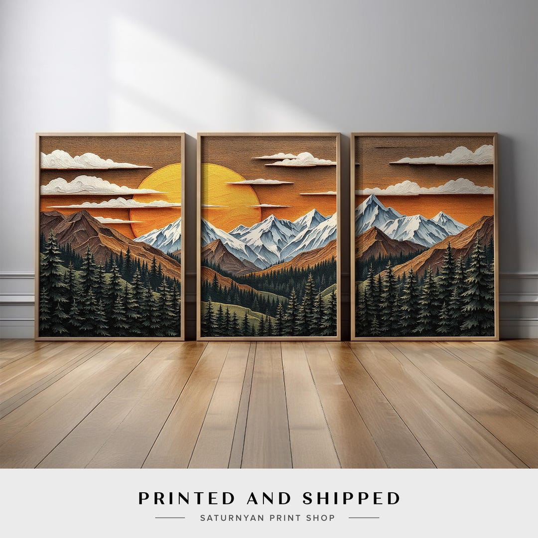 Mountain Landscape Wall Art Triptych | Warm Sunset Alpine Peaks and ...