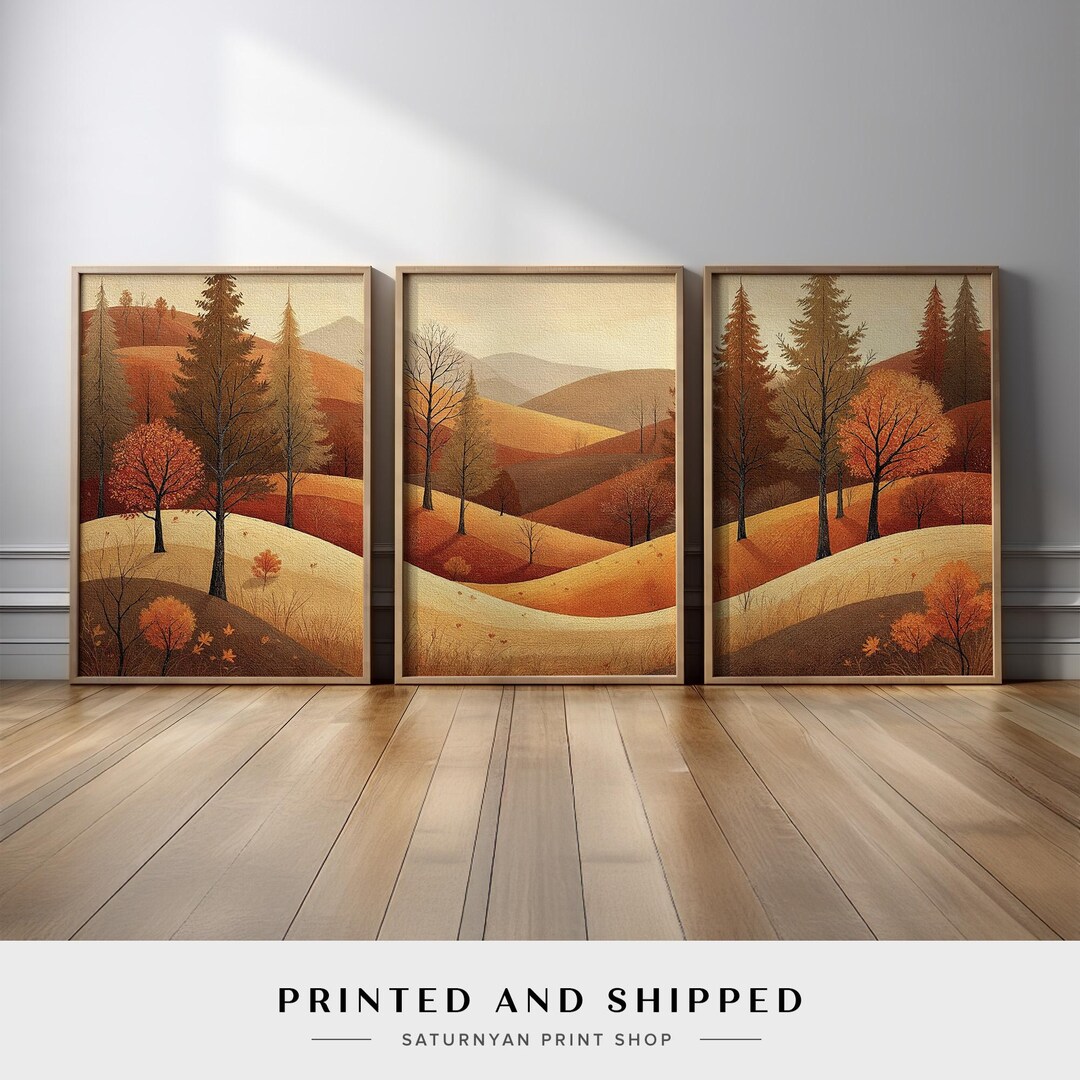 Autumn Landscape Wall Art Set of 3 | Warm Fall Hills Canvas Prints With ...