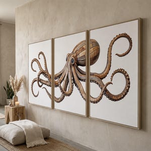 May include: A triptych wall art set featuring a large octopus illustration composed of brown wooden planks and textures. The octopus spans across three separate rectangular white canvases framed in light wood, displaying detailed suckers and tentacles.