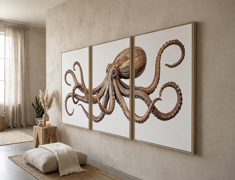May include: A triptych wall art set featuring a large octopus illustration composed of brown wooden planks and textures. The octopus spans across three separate rectangular white canvases framed in light wood, displaying detailed suckers and tentacles.