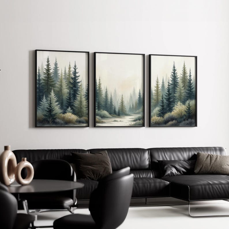 Forest Wall Art Set of 3 | Misty Pine Tree Landscape Triptych | Neutral ...