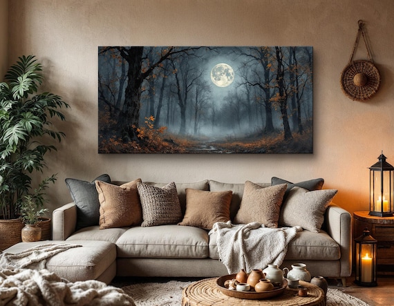 Full Moon Forest Wall Art, Mystical Foggy Woodland Canvas Print, Enchanted Landscape Painting, Nature-Inspired Home Decor