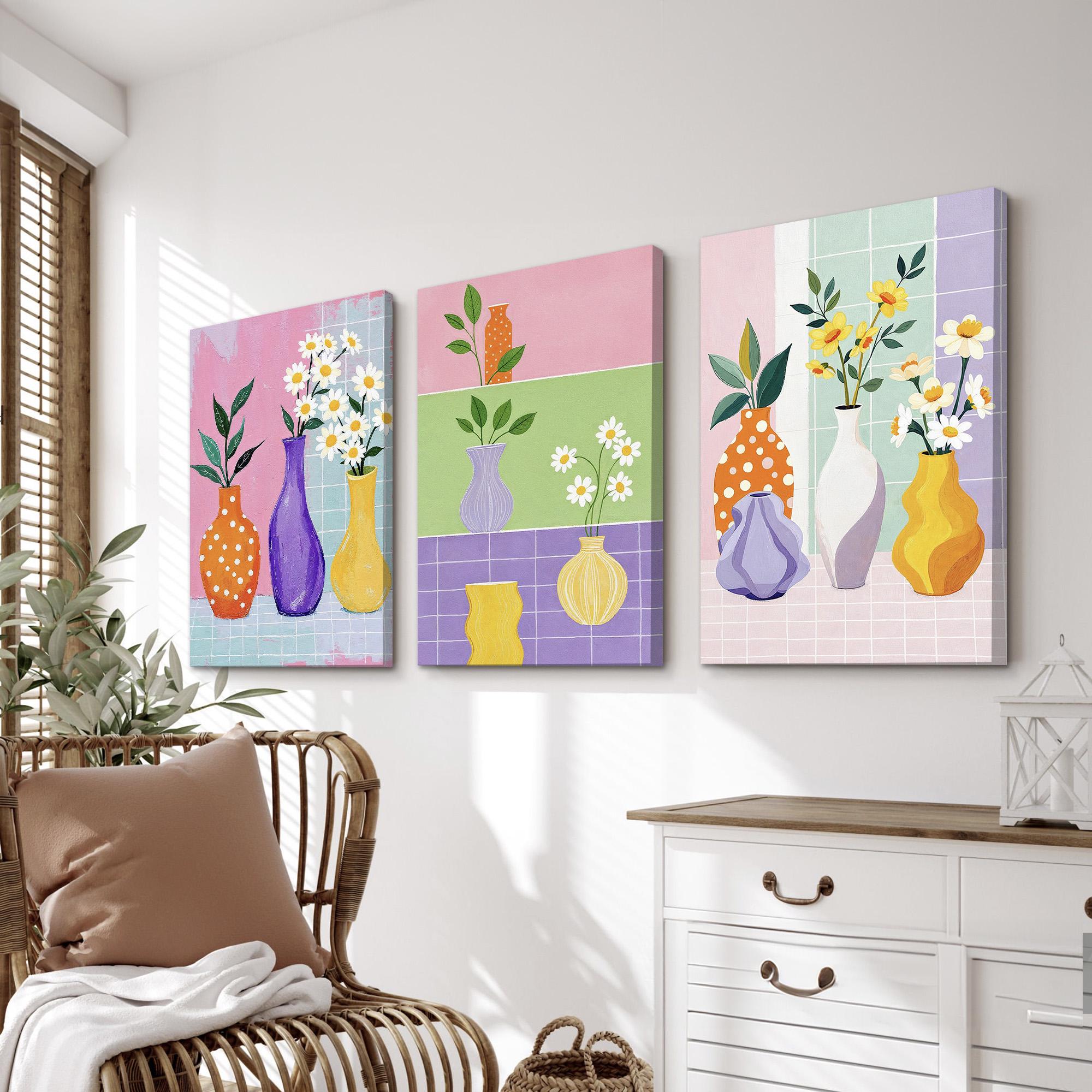 Colorful Floral Vase Wall Art Set of 3 | Modern Daisy Flower Prints for ...