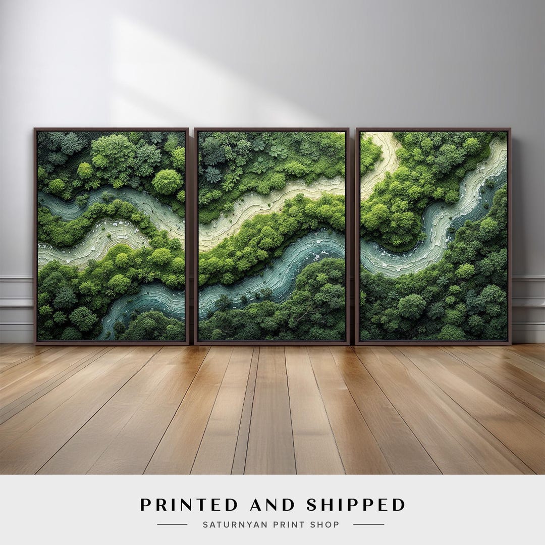 Aerial Jungle River Wall Art Set | Green Forest Landscape Canvas Prints ...