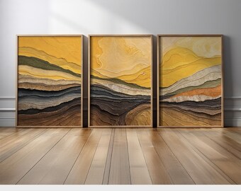 Golden Yellow Abstract Wall Art Set of 3 | Earth Brown Tone