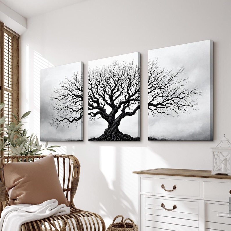 Monochrome Tree Wall Art Set of 3 | Minimalist Black and White Triptych ...