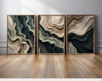 Earthy Black and Beige Abstract Wall Art Set of 3 | Layered Flowing  Stone Canvas Prints in Taupe, Green, and Cream | Modern Natural Decor