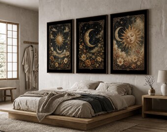 Celestial Sun and Moon Wall Art Set, Boho Cosmic Starry Night Print, Vintage Sun Face Prints, Mystical Astrology Decor, Moon Phases Art