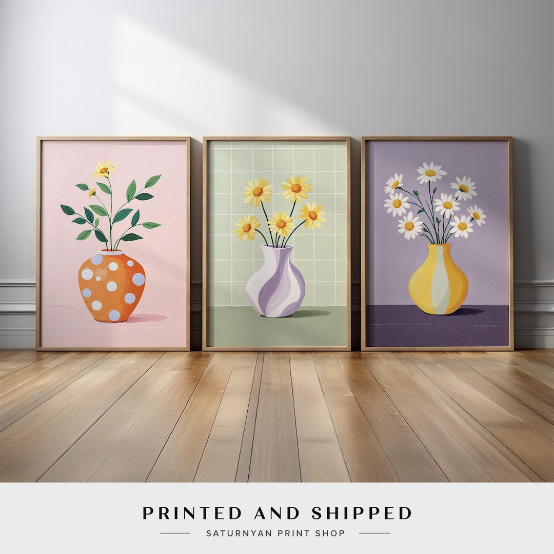 Modern Floral Vase Set of 3 Wall Art | Colorful Flower Canvas Prints ...