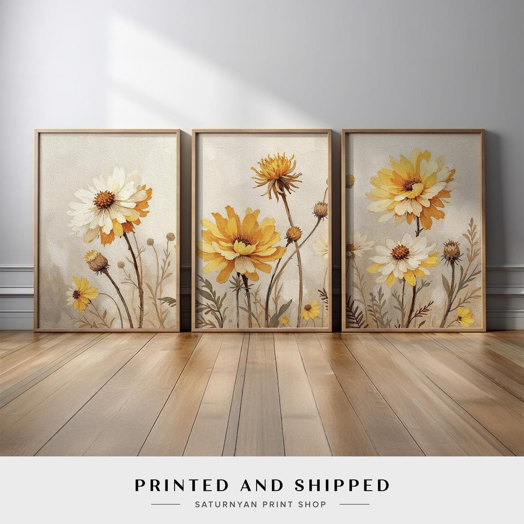 Floral Wall Art Set of 3 | Yellow Daisy Botanical Canvas Triptych in ...