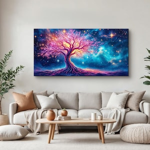 Galaxy Dream Tree Wall Art, Mystical Fantasy Tree with Stars Canvas Print, Cosmic Aurora Painting, Spiritual Celestial Artwork, Surreal Art