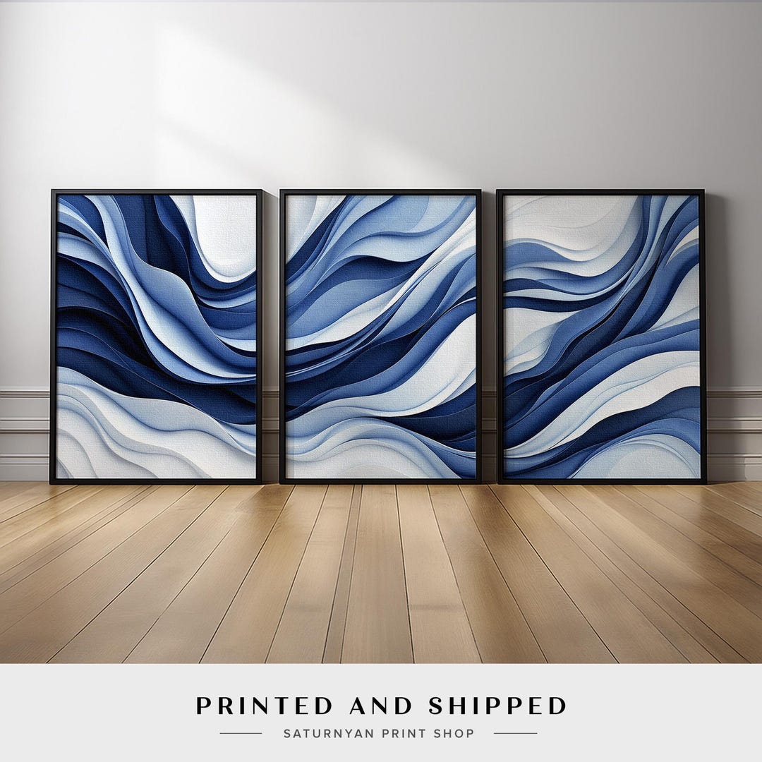 Blue Abstract Wave Wall Art Set of 3 | Navy Cobalt White Fluid Canvas ...