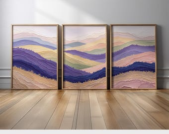 Pastel Mountain Wall Art | Abstract Landscape Canvas Print Triptych Set | Serene Pastel Nature for Living Room, Bedroom, Office Wall Decor