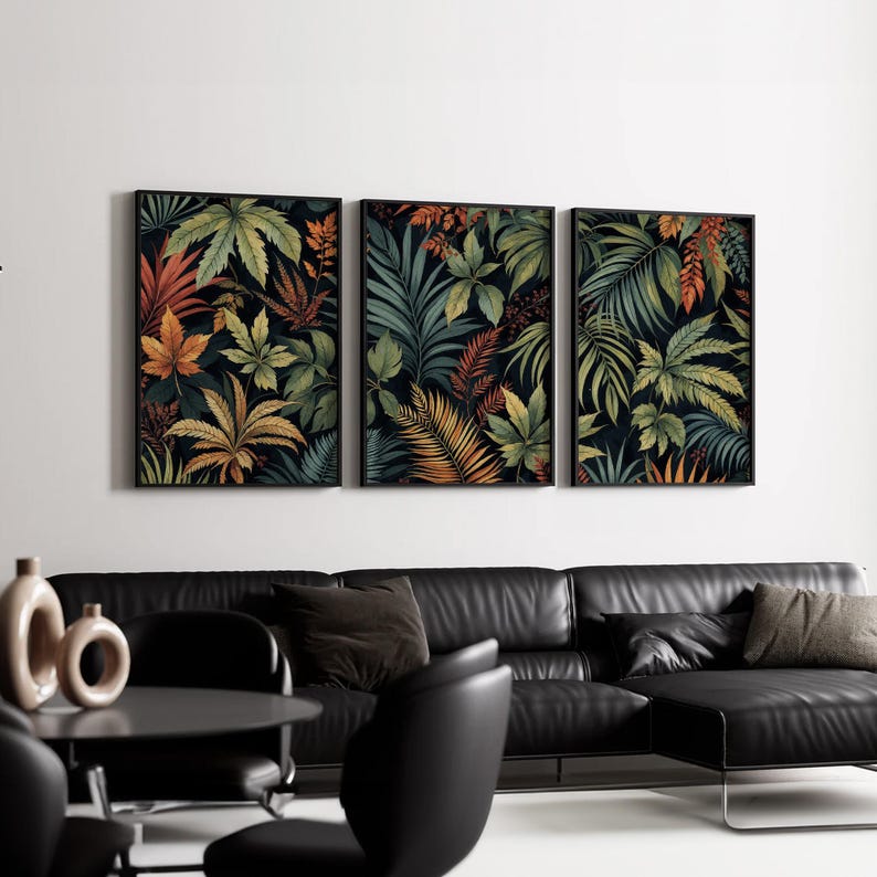 Tropical Botanical Wall Art Set of 3 | Jungle Leaf Triptych in Green ...
