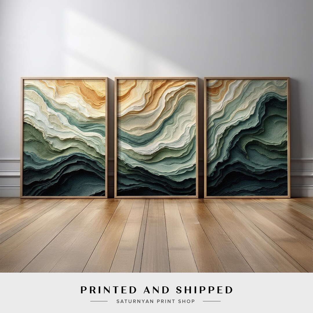 Neutral Organic Waves Abstract Wall Art Set of 3 | Sage Green and Beige ...