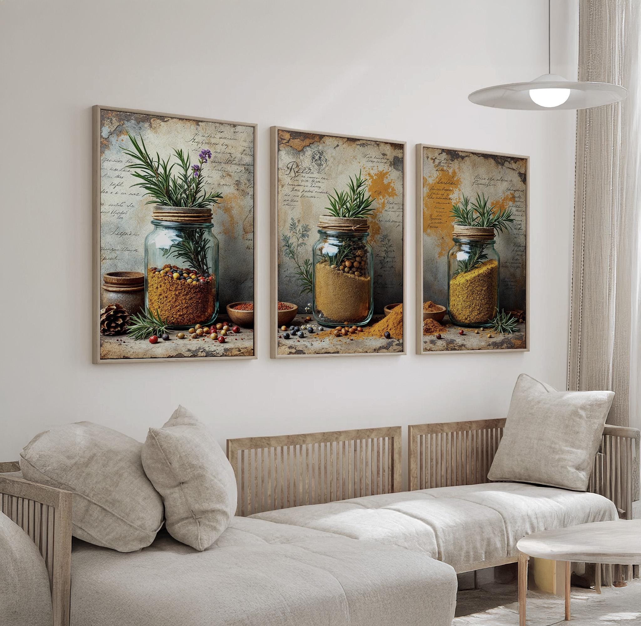 Rustic Kitchen Wall Art Set of 3 | Spice Jars & Herbs Prints ...