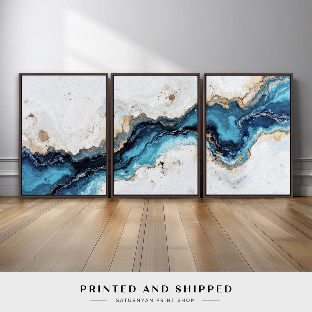 Abstract Blue Ocean Inspired Wall Art Set of 3 | Beige and Navy Fluid ...